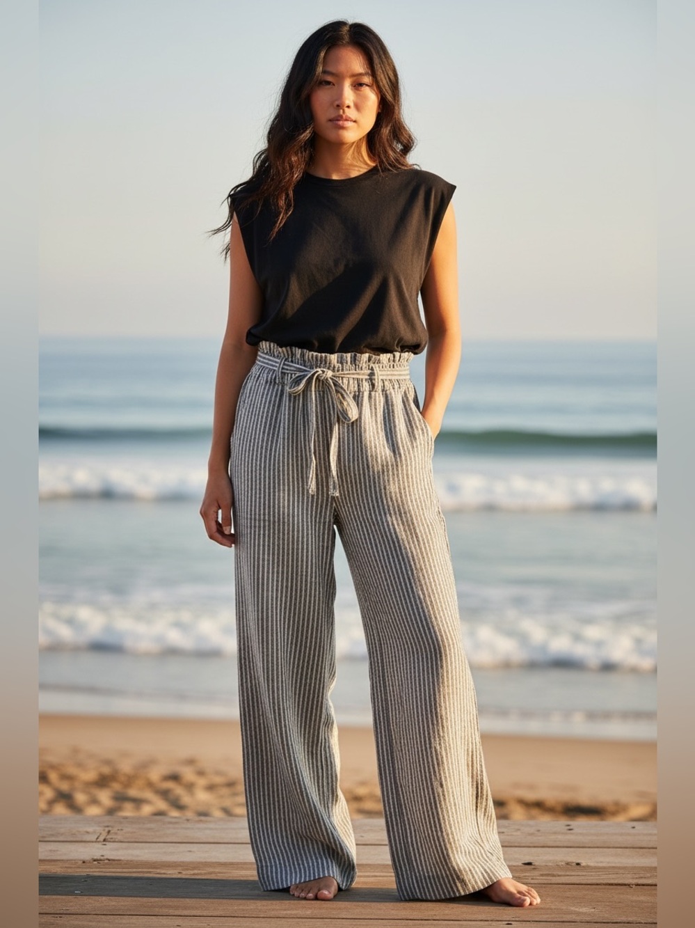 Sundance Linen Pinstripes Wide Leg Pants 16 Womens High Rise Nautical Coastal